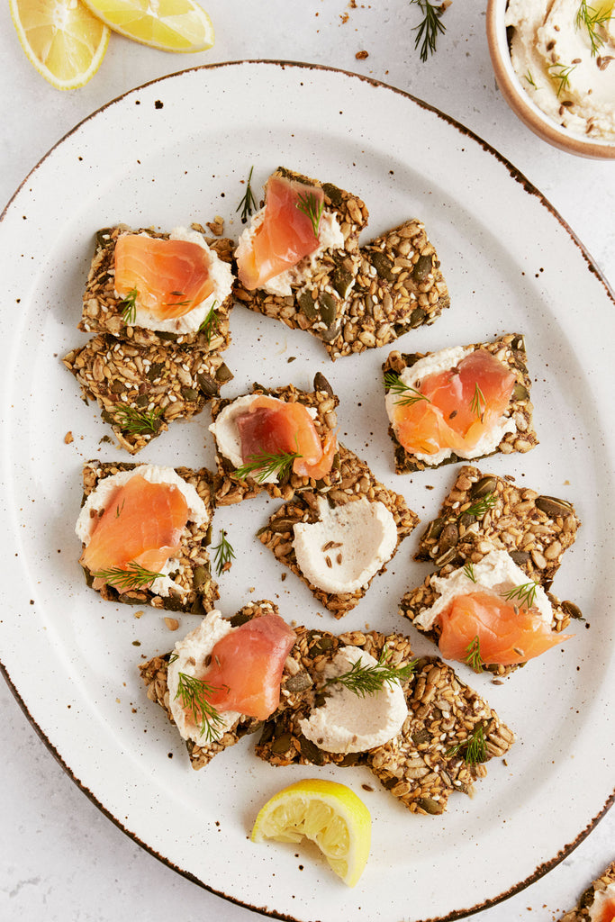 Omega Seed Crackers with Whipped Tahini, Salmon & Dill
